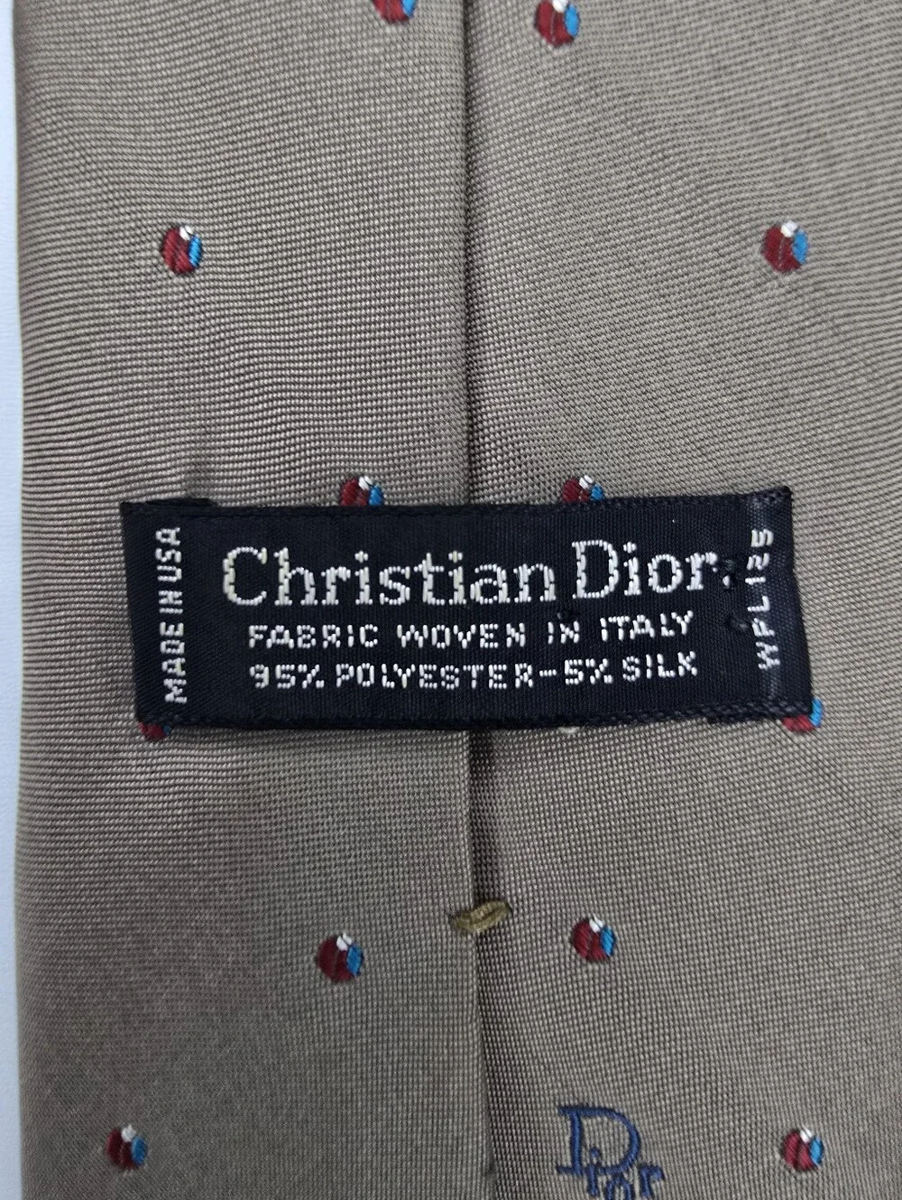 Vintage Christian Dior Necktie Brown Red Blue Dot Pattern 95% Polyester 5% Silk